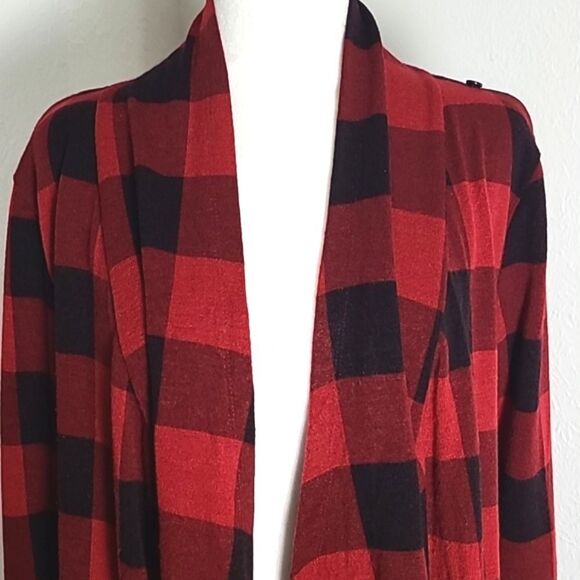 The Limited Long Jacket with Waterfall Collar, Red/Black Check Squares, Sz Large - Picture 2 of 9